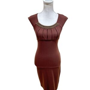Aysha Saeed designer Brown bodycon Dress antique gold-tone Studded Neckline xs
